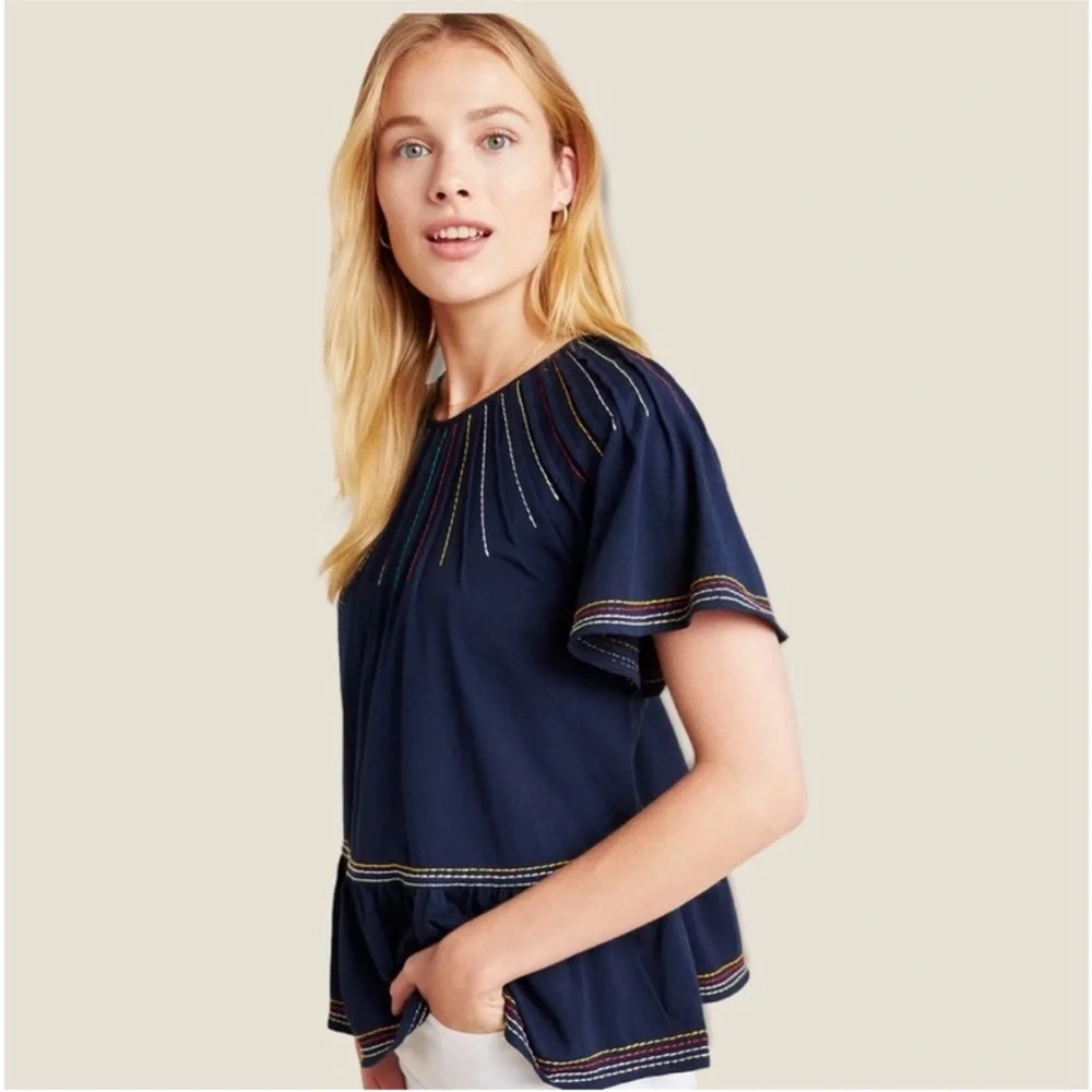 Maeve by Anthropologie Chamonix Embroidered Swing Top Navy Size XS